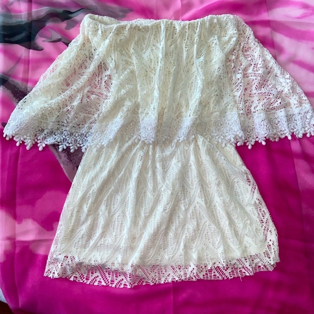Tbags Los Angeles Strapless Cream Lace Origami mini dress or tunic top Fit Sm/Md